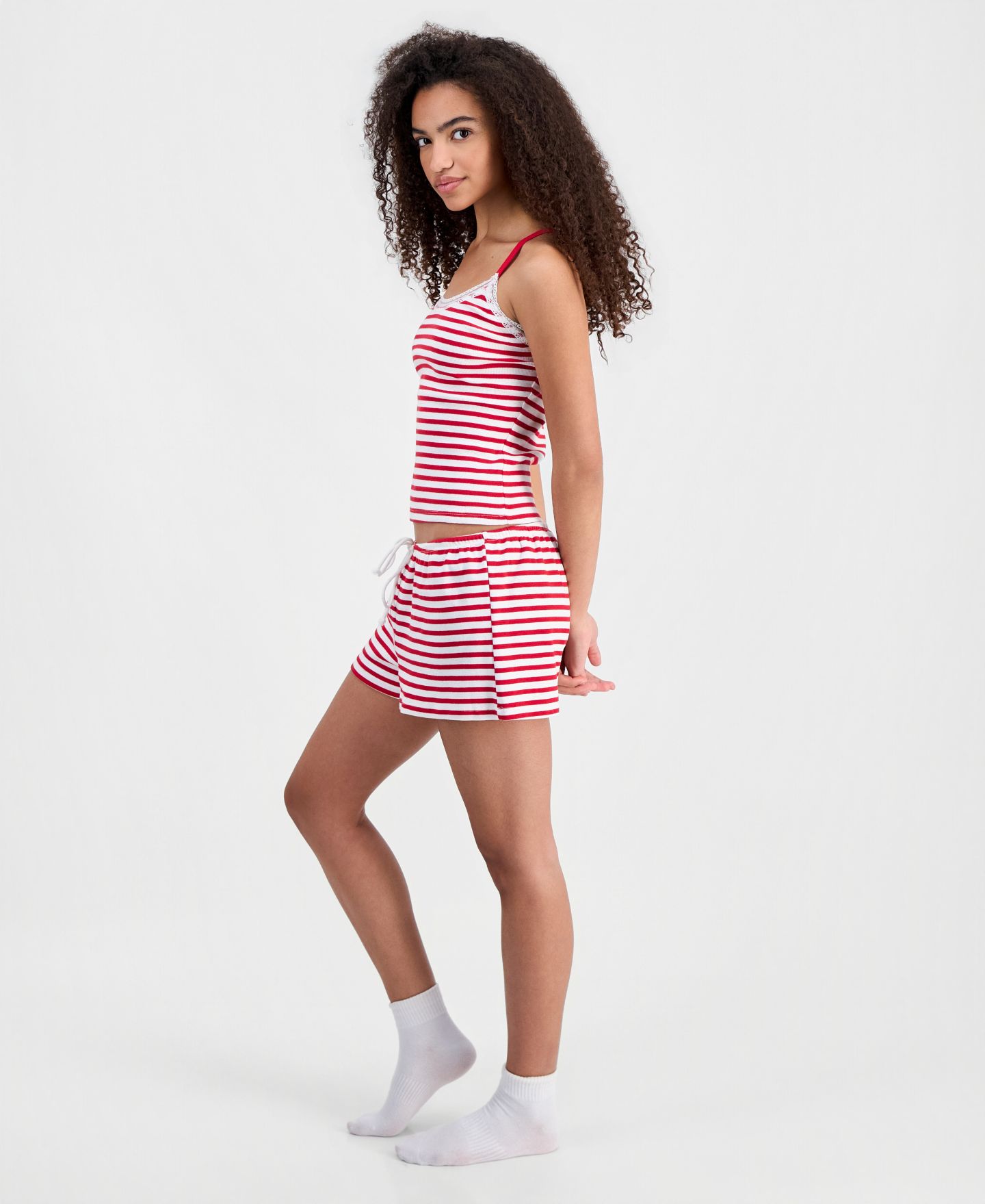 Женские шорты Just Polly Juniors' Printed Cotton Drawstring Lounge Shorts, цвет: Красный / Белый полосатый — фото 3