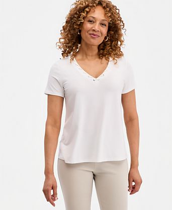 Women's Laced-Grommet-Trim V-Neck Top