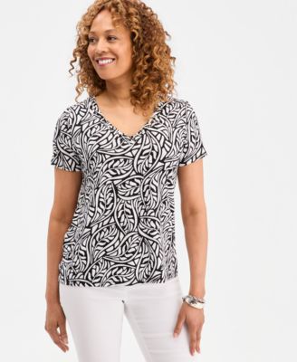 Petite Scattered Leaves Lace-Up V-Neck Top