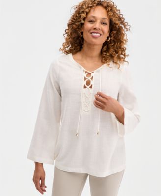 Women's Lace-Up Linen-Blend Top