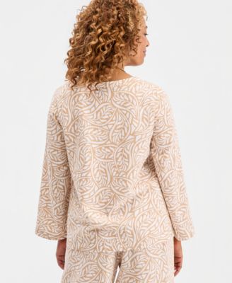 Women's Printed Lace-Up Linen-Blend Top