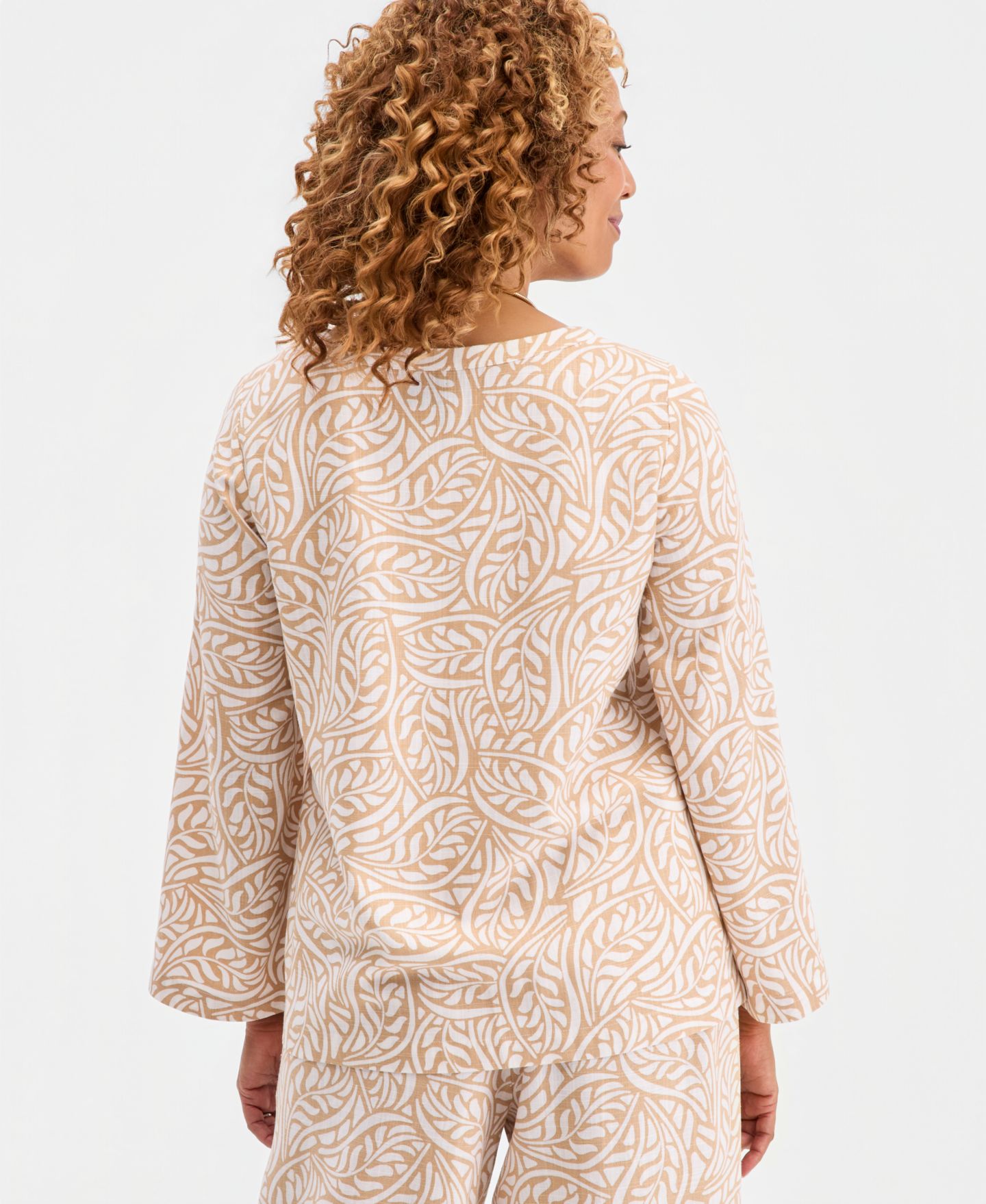 Женский топ JM Collection Printed Lace-Up Linen-Blend Top, цвет: Натуральный верблюжий — фото 4
