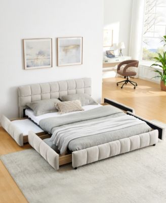 Queen Upholstered Bed Frame with Headboard and Storage Drawer, Chenille Fabric Queen Size Platform Bed with Solid Frame, No Box Spring Needed