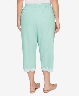 Plus Size Caribbean Blues Eyelet Embroidered Cuff Capri Pants