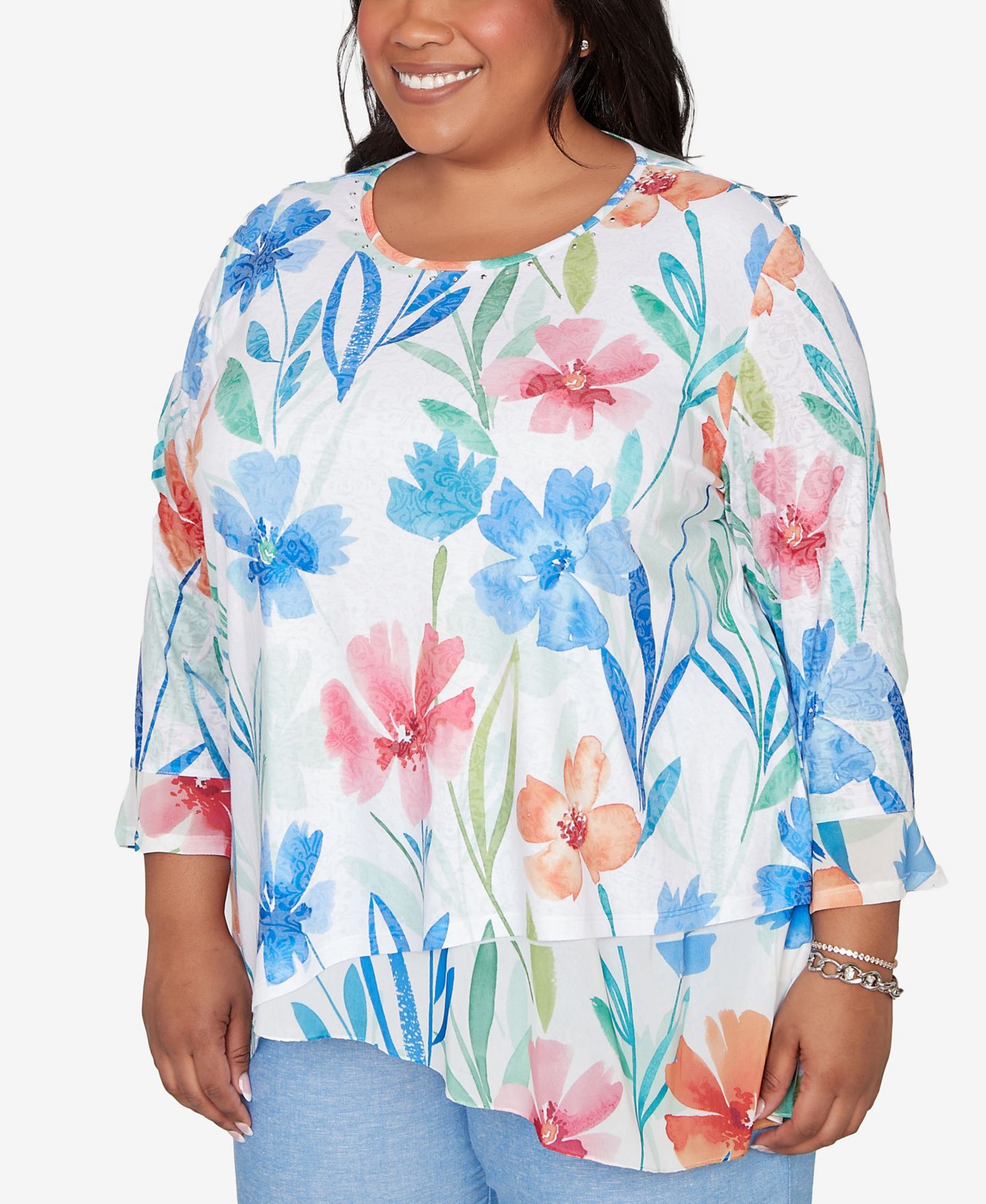 Женский топ Alfred Dunner Plus Size Caribbean Blues Whimsical Flower Bell-Sleeve, цвет: Синий разноцветный — фото 3
