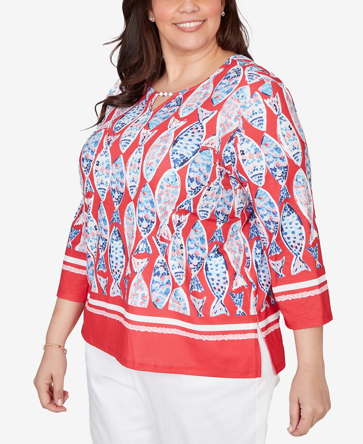 Alfred Dunner Plus Port Side Mosaic Fish Split Beaded Neck Top