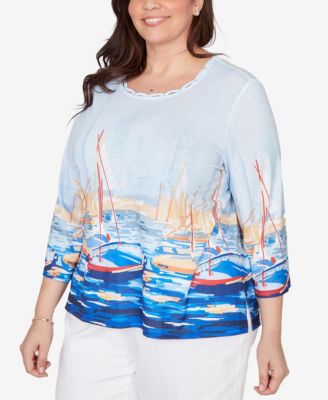 Plus Size Port Side Harbor Scene Printed Top