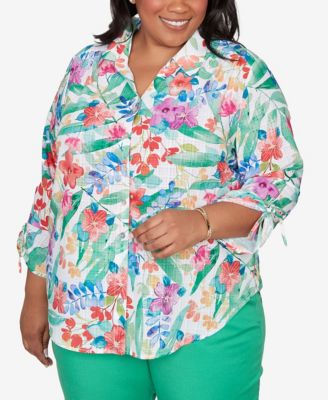 Plus Size Resort Living Tropical Print Tie-Sleeve Button Front Top