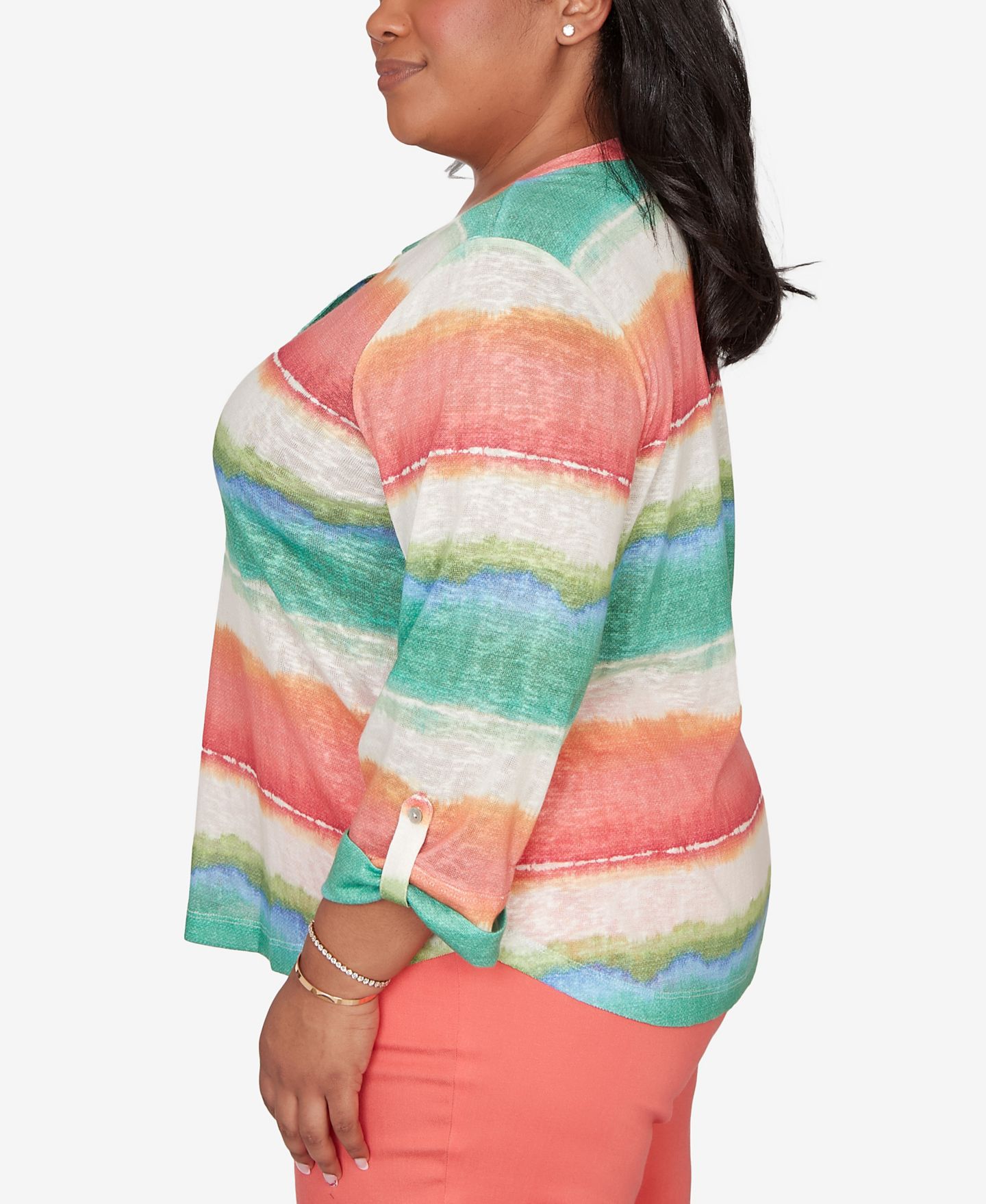 Женский топ Alfred Dunner Plus Size Resort Living Biadere Tie Dye Stripe Henley, цвет: Оранжевый разноцветный — фото 4