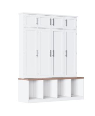 Farmhouse Hall Tree Walnut Seating Bench with 4 Hanging Hooks for Living Room