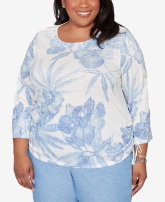 Plus Size Caribbean Blues Monotone Dramatic Floral Tropical Top