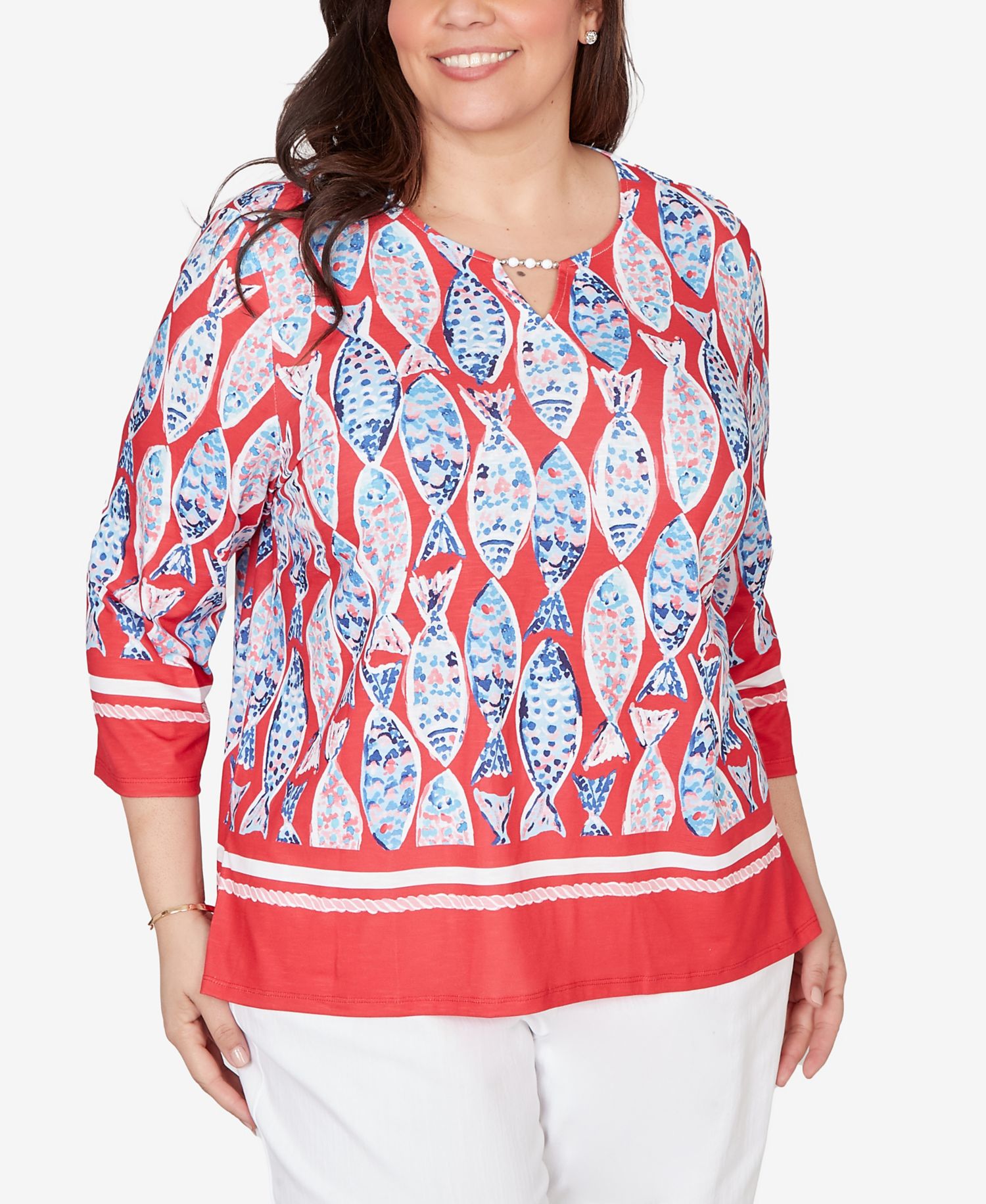 Plus Size Port Side Mosaic Fish Split Beaded Neck Top