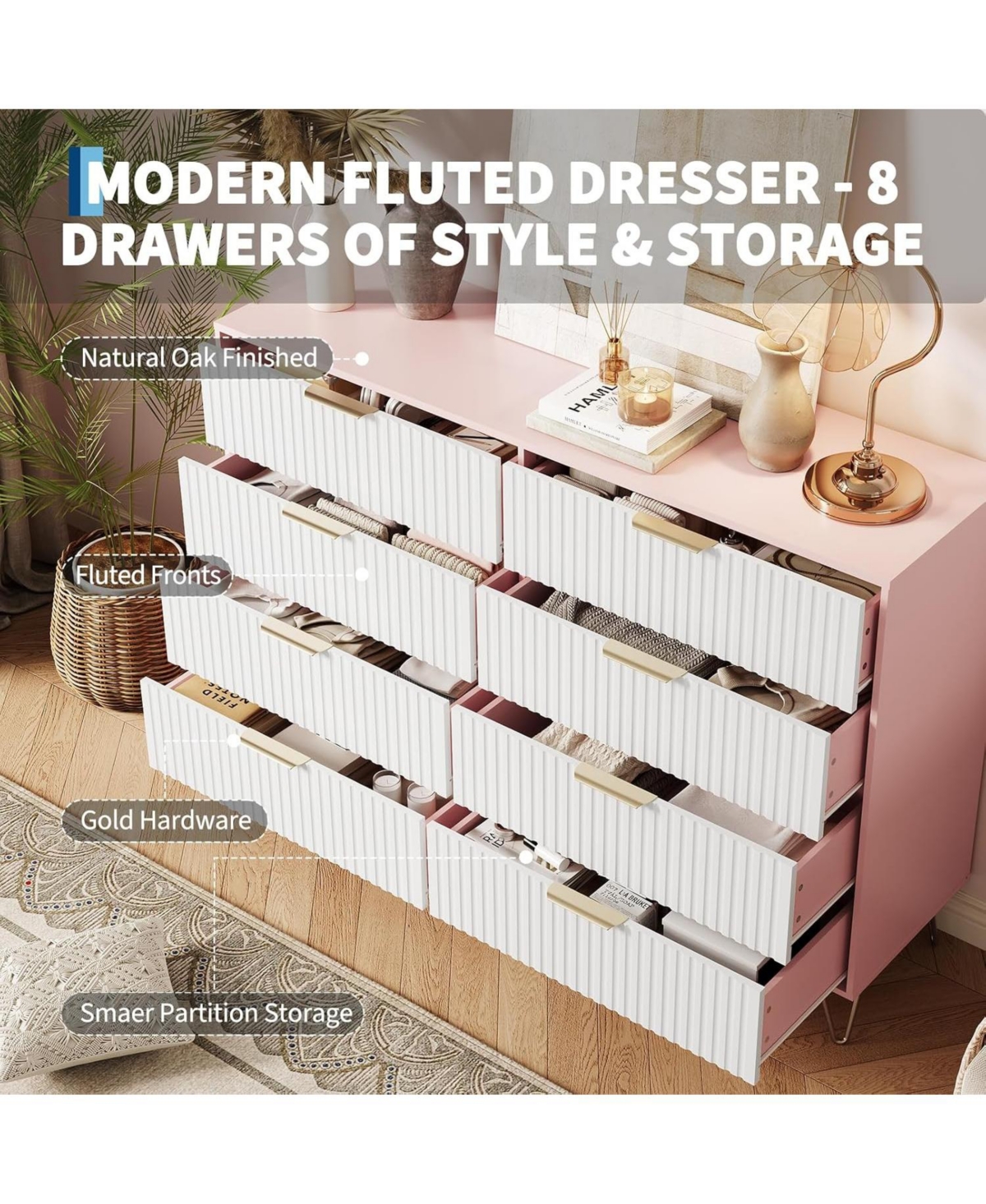 Draft - gaomon Fluted 8-Drawer Dresser for Bedroom, 55" Wide Modern Minimalist Chest of Wooden Drawers,Wide Clothes Storage Organizer