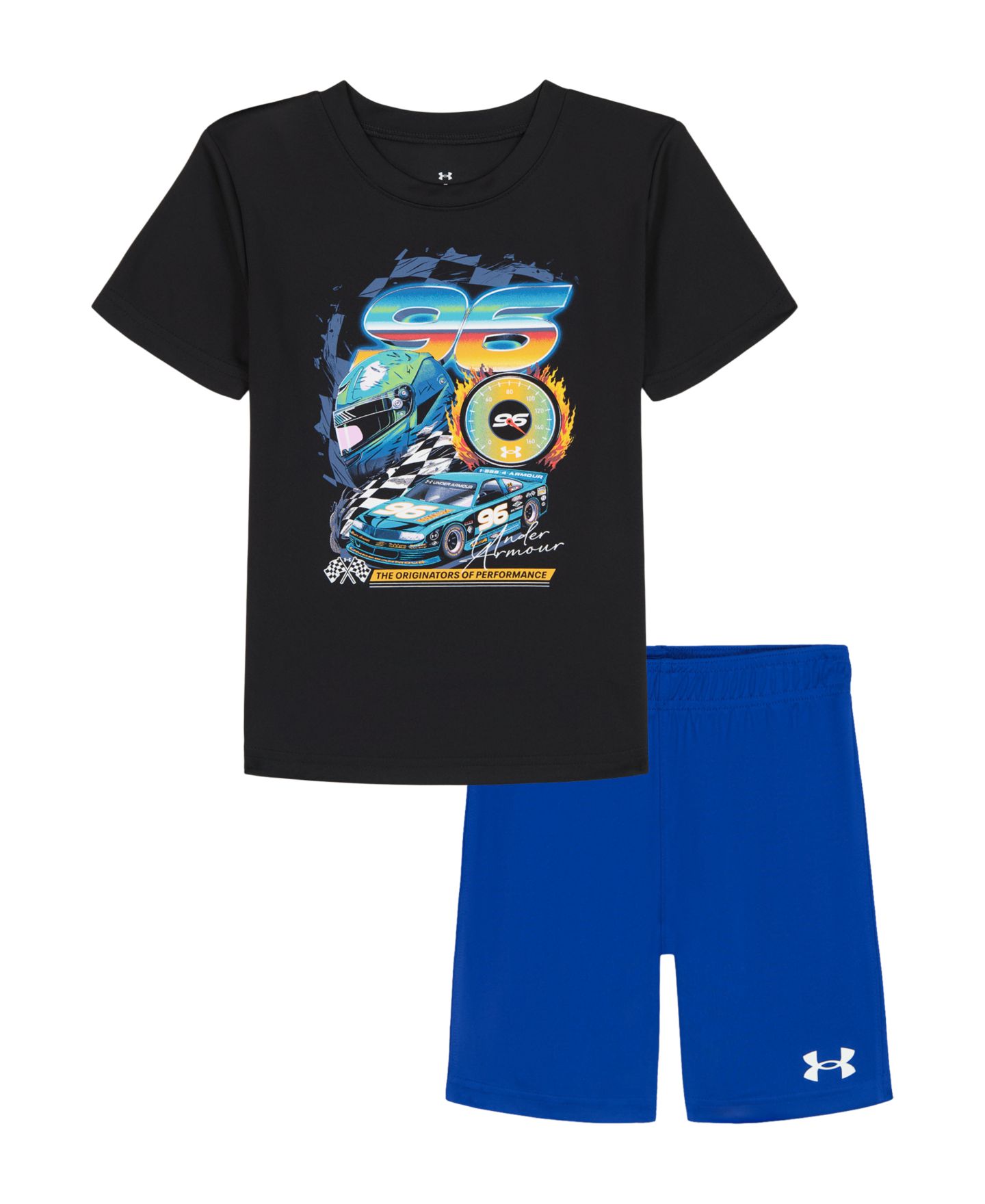 Детский комплект Under Armour Tech: футболка с гоночной машиной и шорты, 2T-7, цвет: Чёрный / Синий — фото 1