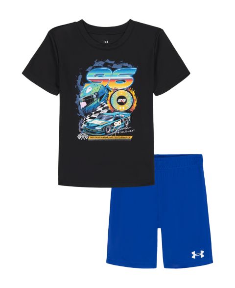 Детский комплект Under Armour Tech: футболка с гоночной машиной и шорты, 2T-7, цвет: Чёрный / Синий
