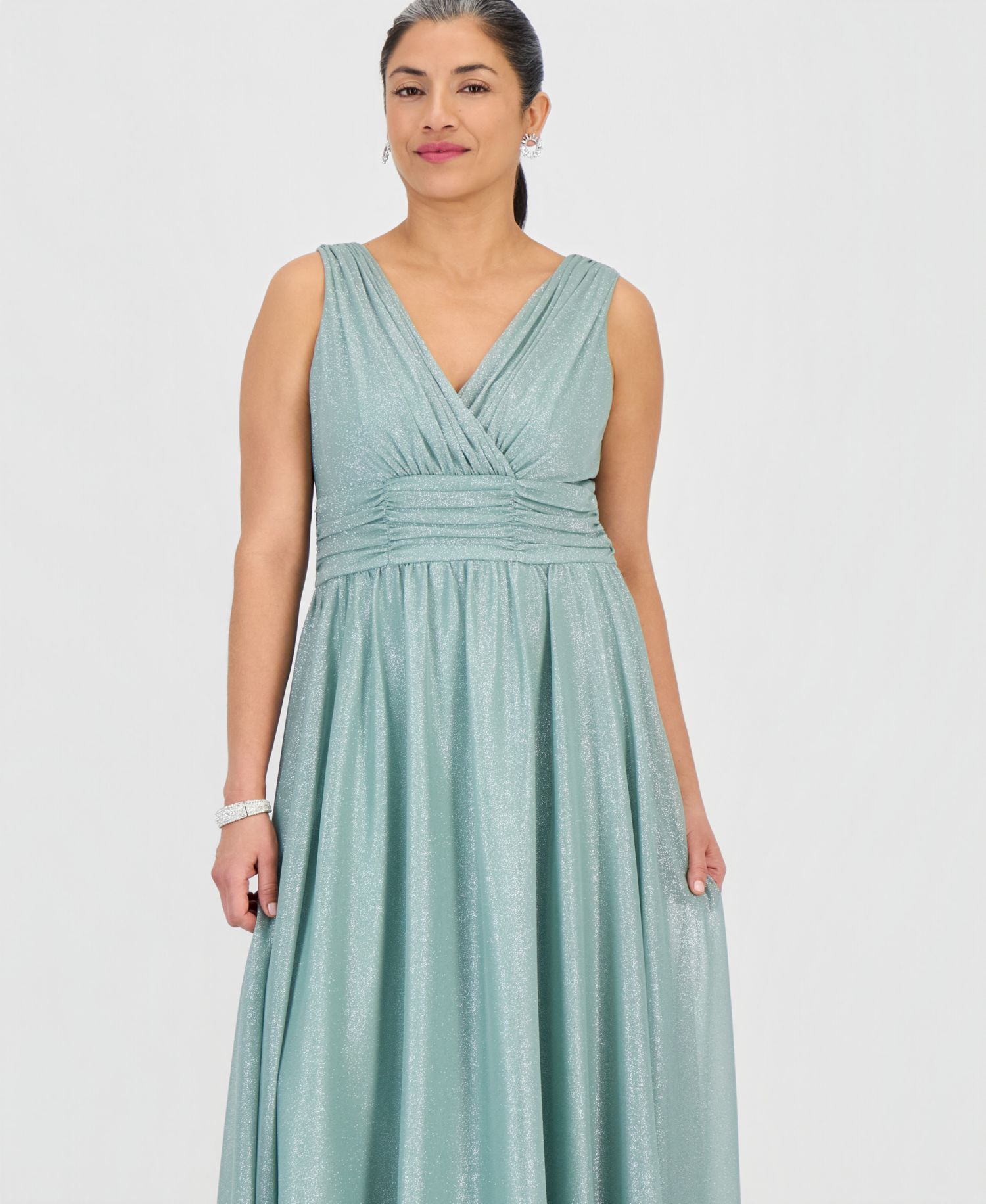 Petite Surplice-Neck Sleeveless Shimmer Dress