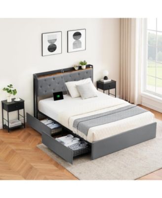 Storage Bed Frame with Headboard, 4 Drawers Under Storage Beds, Built in USB Charging Station Headboard