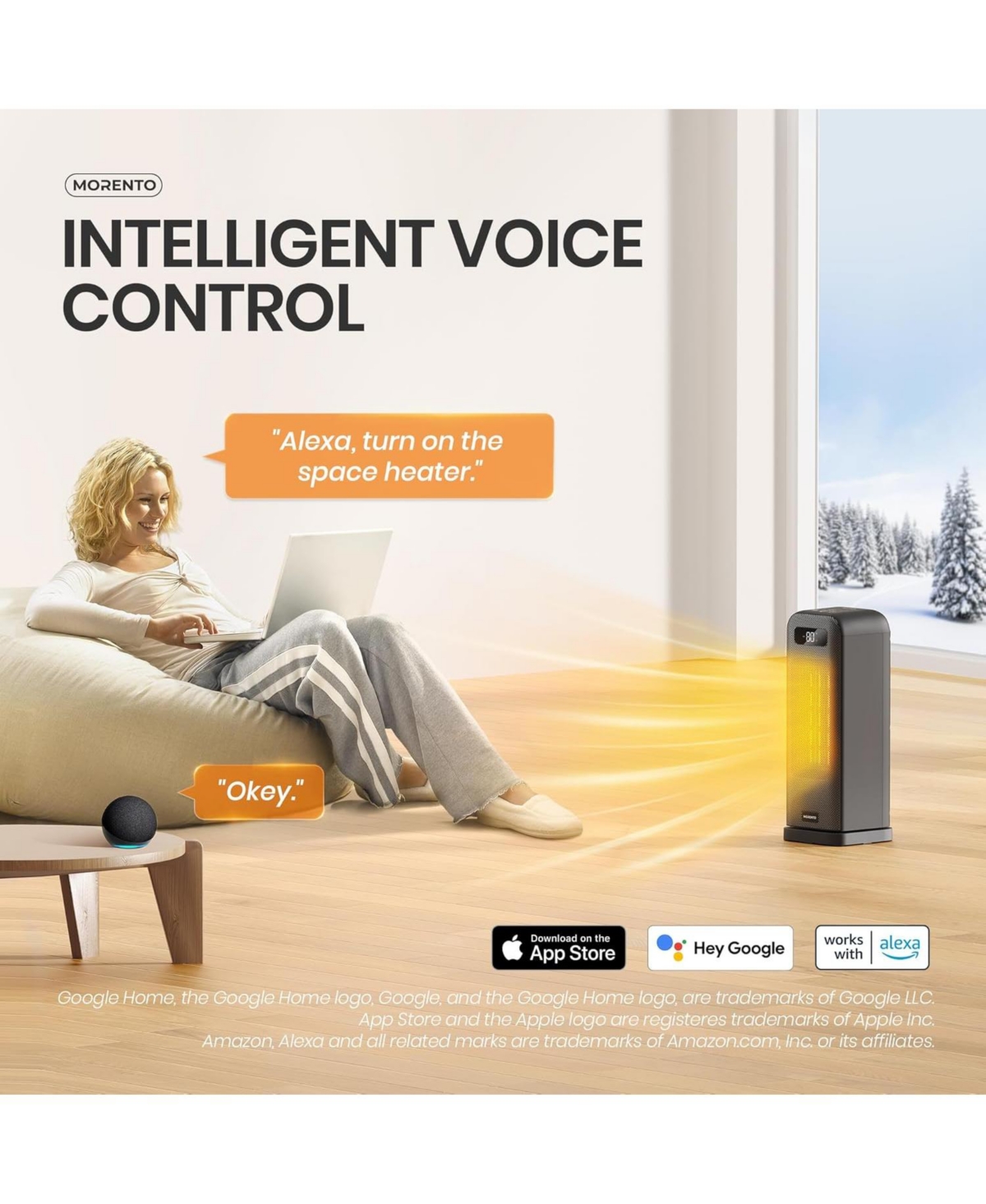 Morento Smart Space Heater, 1500W Electric Heater with Wi-Fi & Voice Control, Portable Heaters with Thermostat for Indoor Use, 12H Timer, Quiet Space