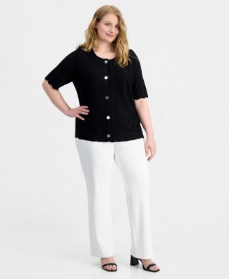 Plus Size Zigzag Short-Sleeve Cardigan Sweater