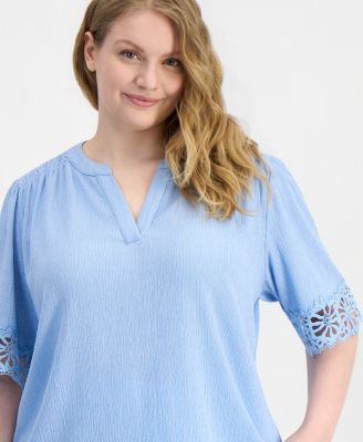 Plus Size Split-Neck Lace-Trim Elbow-Sleeve Top