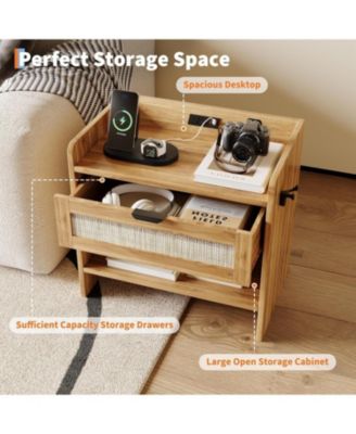 Rattan Nightstand Set of 2, Modern Boho Bedside Table with Drawers, Wooden Night Stand for Bedroom, Side End Tables for Living Room Furniture