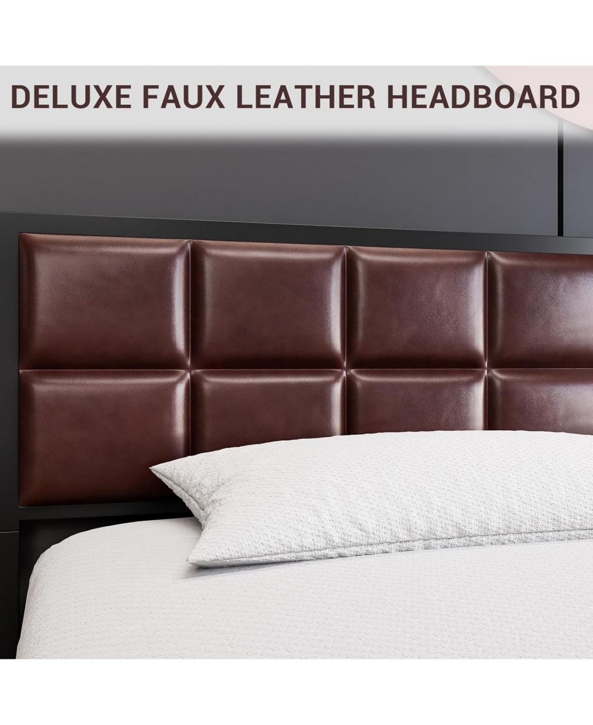 gaomon Queen Upholstered Metal Bed Frame with Square-Stitched Headboard, Faux Leather Platform Bed with Steel Slats Support, Box Spring Optional