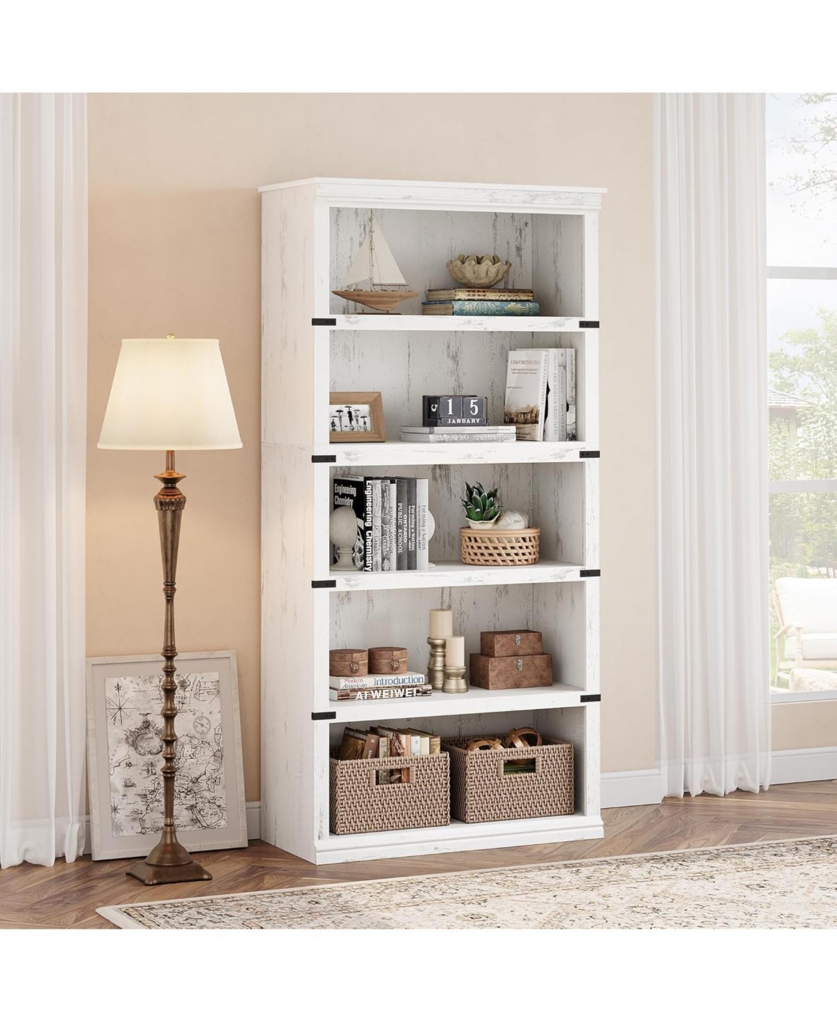 gaomon 67.4" Tall 5-Tier Farmhouse Bookcase – Wooden Bookshelf with Open Display Shelves and Storage, Freestanding Home Office, Living Roo