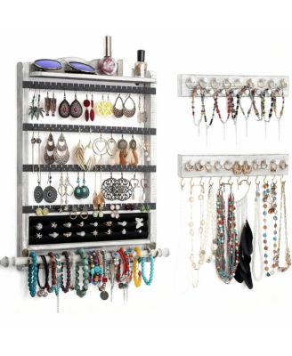 Antique Wood Wall Organizer Set: Earring, Necklace, Bracelet Holders & Shelf