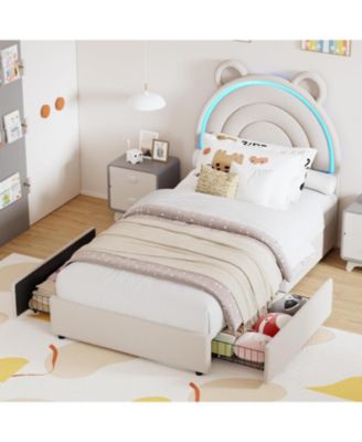 Twin Size Bed Frame with 2 Storage Drawers, Velvet Upholstered Platform Bed with Rainbow Headboard for Kids, Solid Wood Slats Support