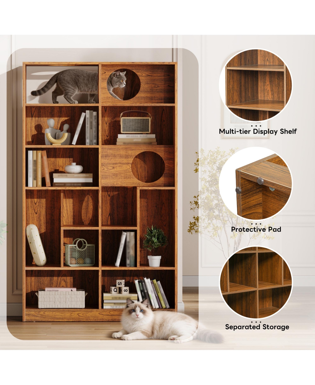 Rainsken 2 In 1 Wood Bookshelf Cat House for Cat Lover, Cat Tree Display Case