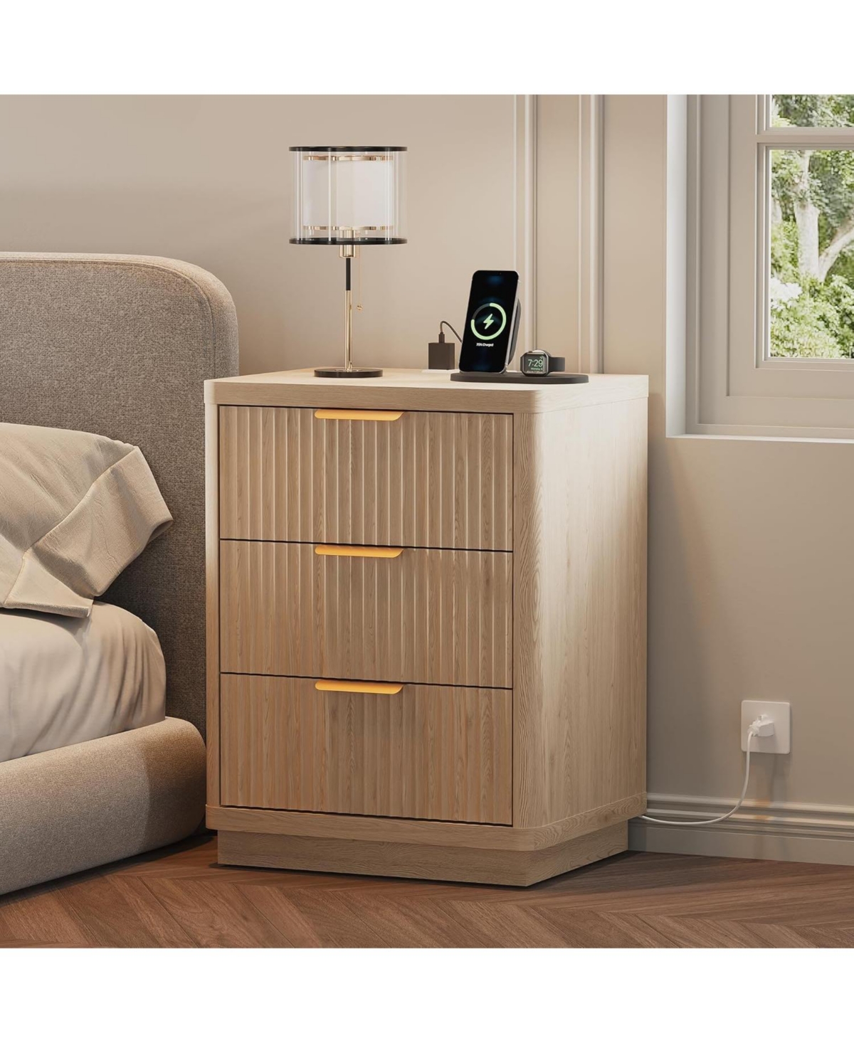 gaomon Fluted Nightstand with Charging Station, Mid Century Modern Fluted Nightstand