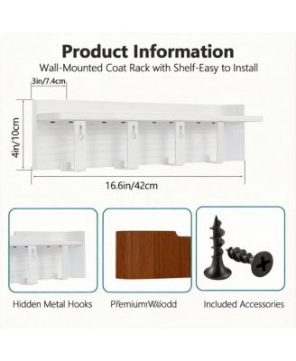 Solid Wood Wall Shelf with Hidden Hooks for Coats, Hats, Bags, Towels