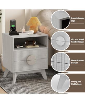 Fluted Night Stand Set of Wood Tall Nightstands with Charging Station, End Table with 2 Drawers