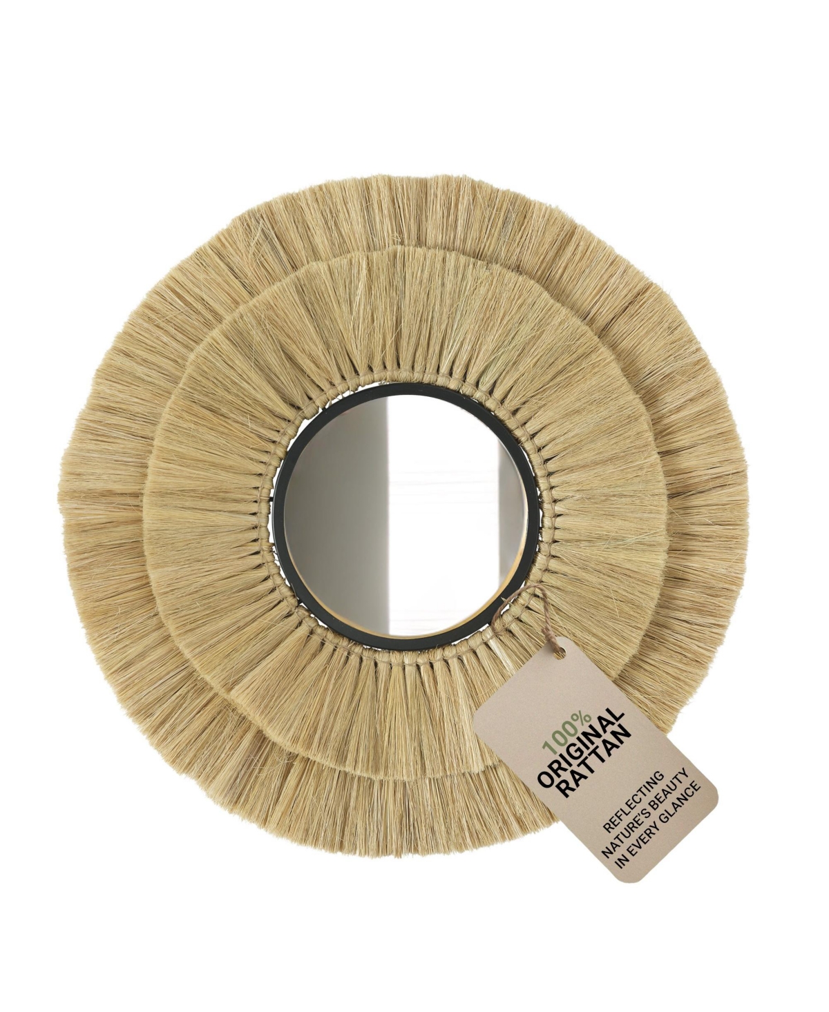 Wicker Village | Round Rattan Wall Mirror | Hanging Straw Boho Style Decorative Mirror, Pure Finish, Wall Mounted for Living Room & Bedroom