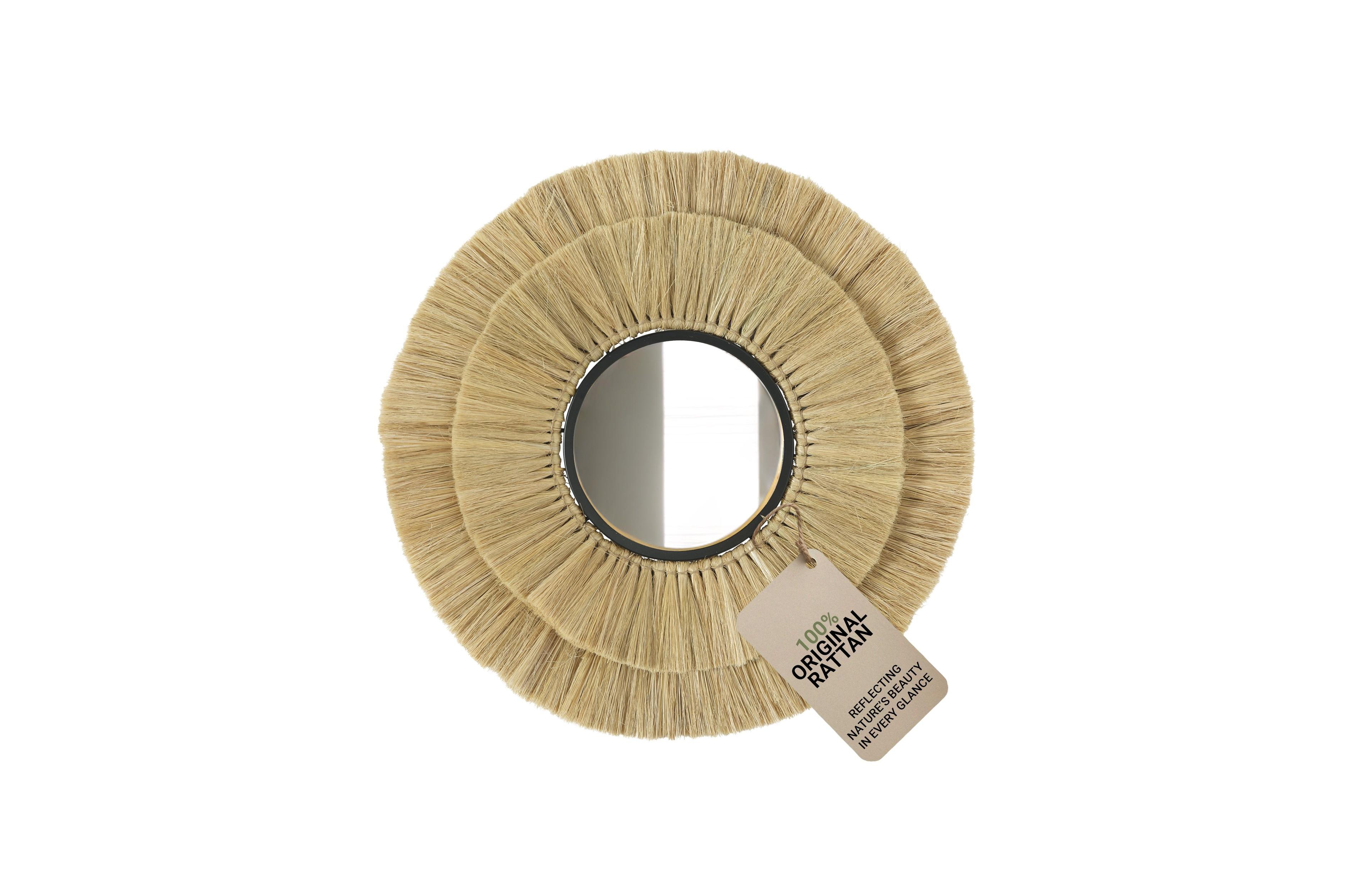Wicker Village | Round Rattan Wall Mirror | Hanging Straw Boho Style Decorative Mirror, Pure Finish, Wall Mounted for Living Room & Bedroom