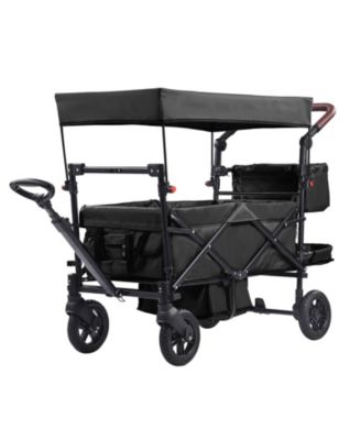 Wagon Stroller for 2 Kids, Collapsible Push Pull Quad Stroller with Adjustable Handle, Harness, Removable Canopy, 4 Wheels with Brakes