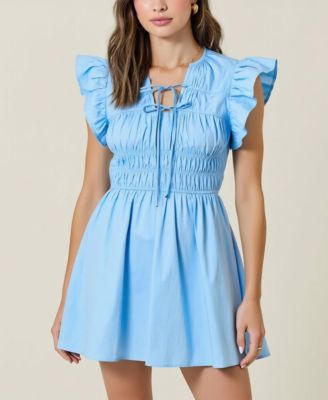 Women's Smocked Ruffle Sleeve Front Tie Mini Dress
