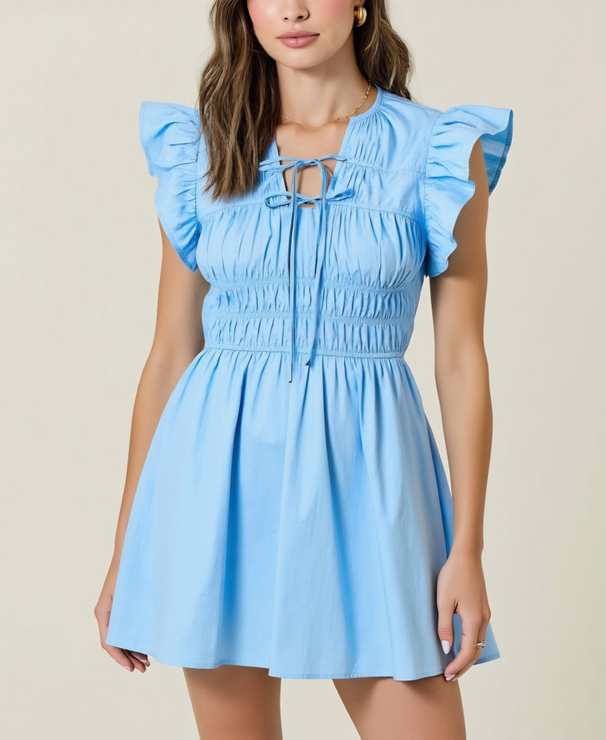 Modenaire Women's Smocked Ruffle Sleeve Front Tie Mini Dress