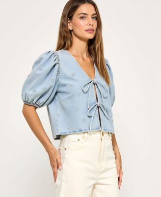 Women's Embroidered Puff Sleeve V-Neck Tie-Front Top