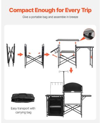 Camping Kitchen Table, Aluminum Portable Cook Station with Storage Cupboard, Detachable Windscreen, Carrying Bag, Quick Setup