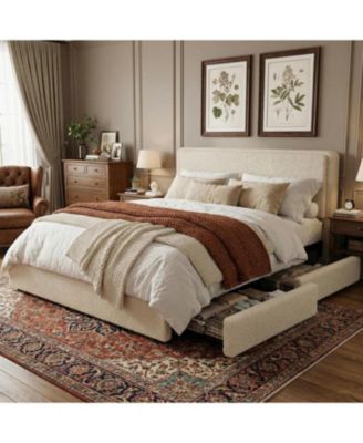 Teddy Fleece Bed Frame, Cloud Cream Bed Frame with 2 Storage Drawer and Adjustable Headboard, Soft Teddy Fabric