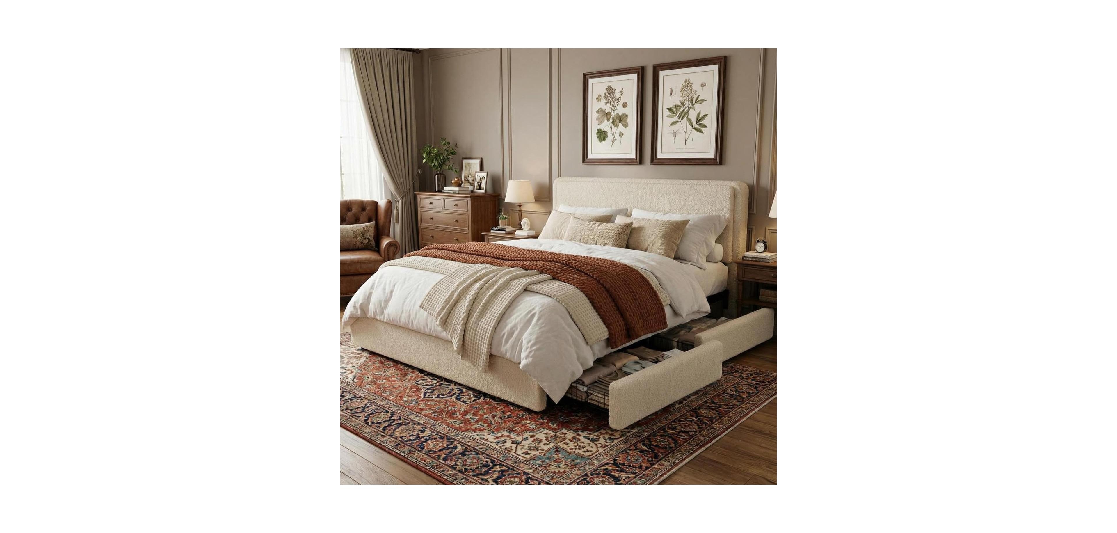 gaomon Teddy Fleece Bed Frame, Cloud Cream Bed Frame with 2 Storage Drawer and Adjustable Headboard, Soft Teddy Fabric