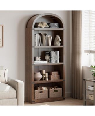 71" Tall 5-Shelf Arched Bookcase – Farmhouse Wooden Bookshelf with Display Storage Rack, Freestanding Bookcase for Home Office, Living Room