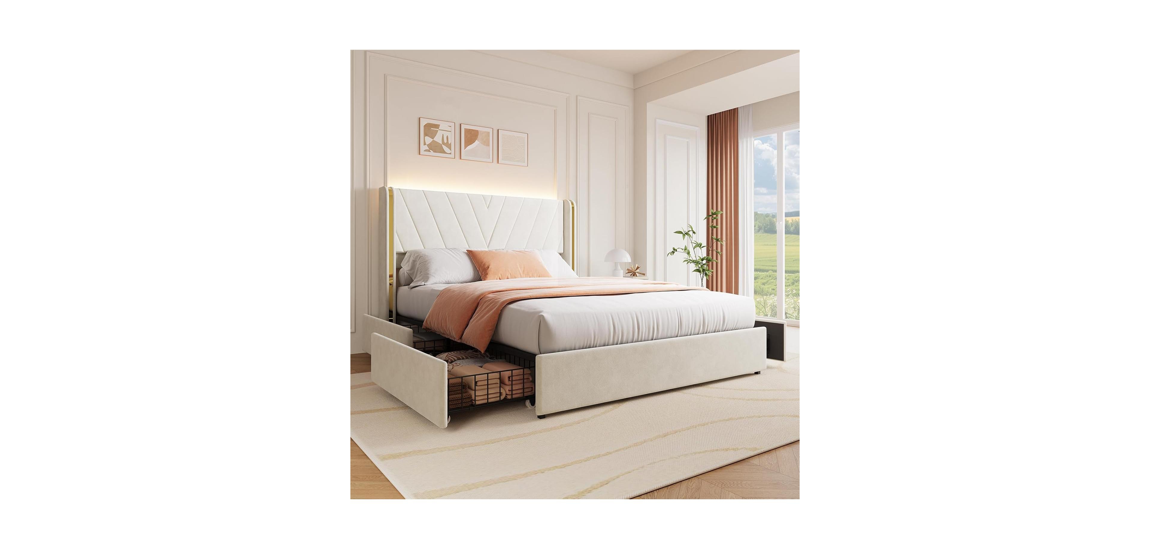 Gaomon Queen Upholstered Led Bed Frame with 4 Storage Drawers, Queen Size Bed Frame with Rgb Led Lights, Velvet Platform Bed Frame with Wingback