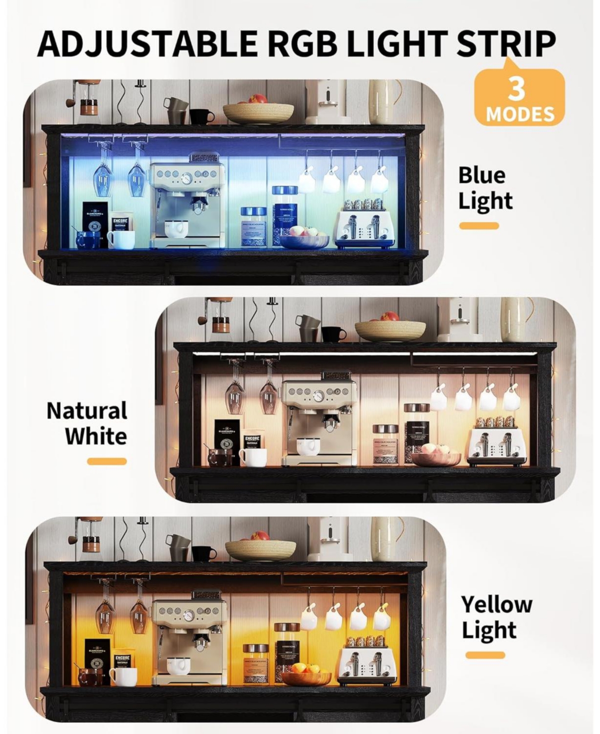 gaomon 55in Coffee Bar Cabinet Power Outlet and Led Light Removable 12Bottle Wine Rack Sliding Barn Door Buffet Cabinet for Home