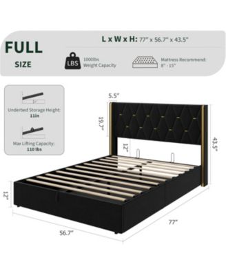 Full Lift-Up Storage Bed Frame, Velvet Wingback Headboard, Hydraulic Support