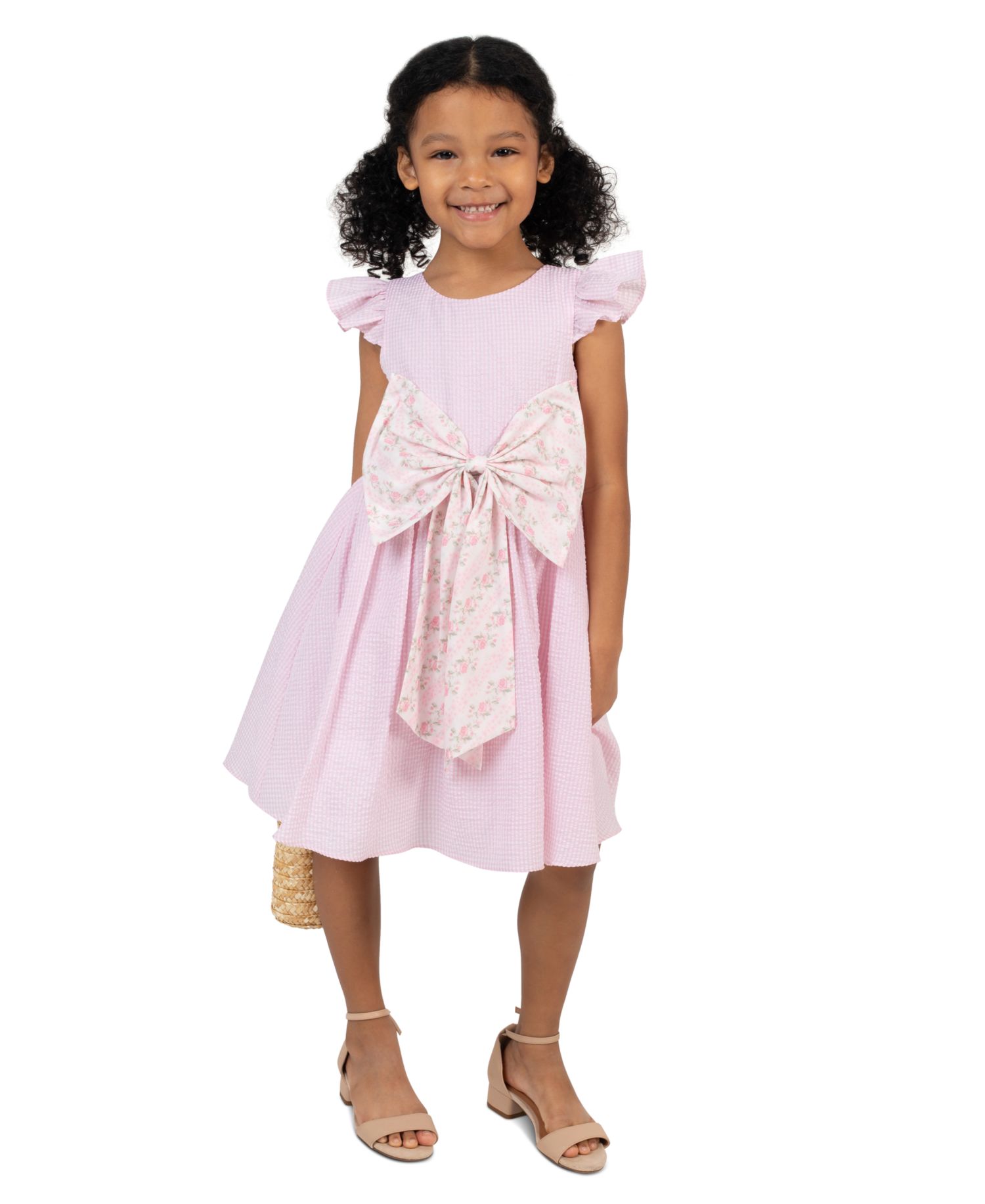 Girls' 2T-6X Seersucker Round Neck Dress and Bag, 2-Piece Set