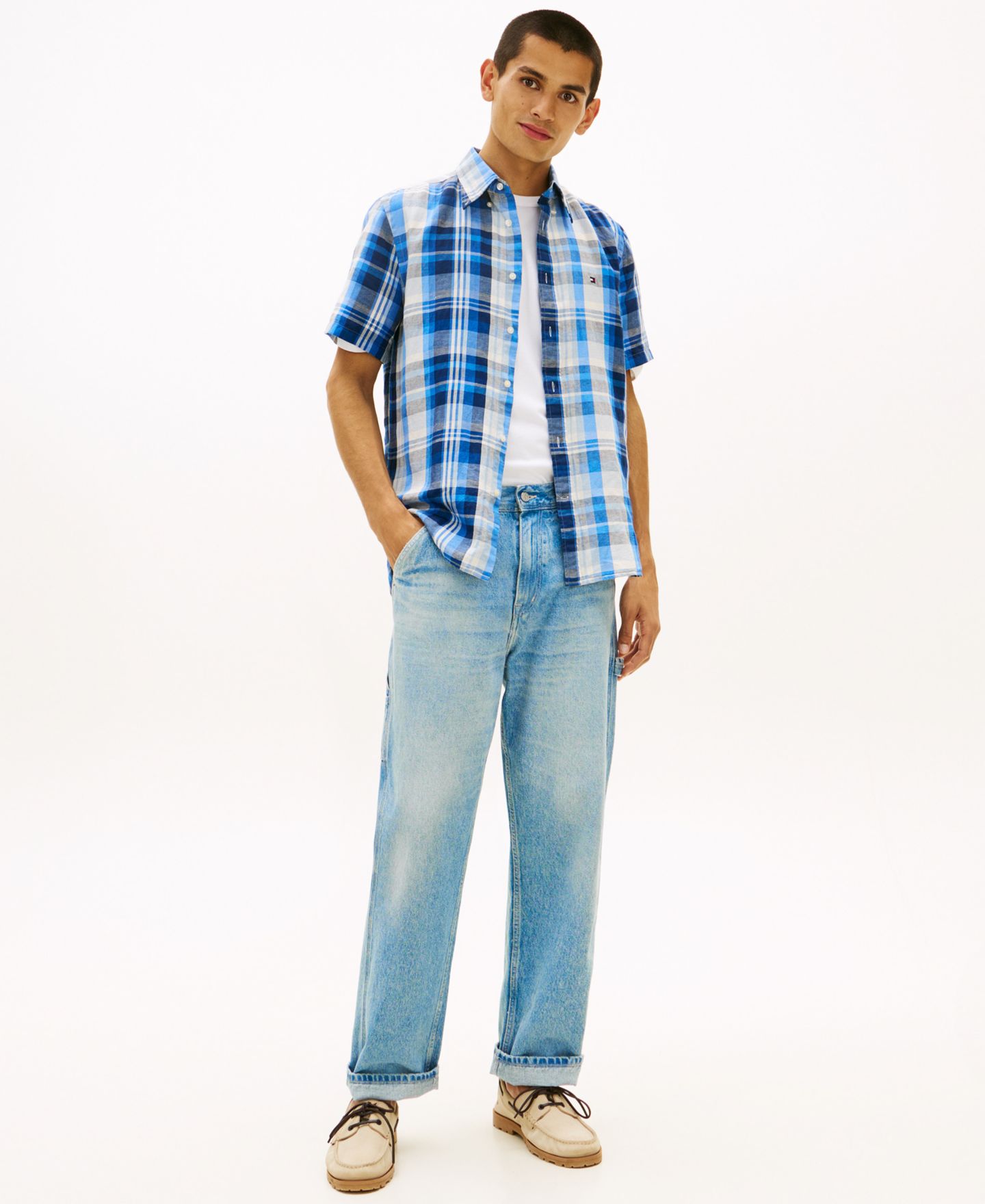 Мужская рубашка Tommy Hilfiger Check Plaid Linen-Blend Short-Sleeve, цвет: Тёмно-синий / Клетчатый — фото 2