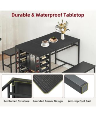 Dining Table Set for 4 Kitchen Table with 2 Benches Rectangular Dining Room Table Set with Wine Rack and Storage Shelf 3 Piece Dining Table Set