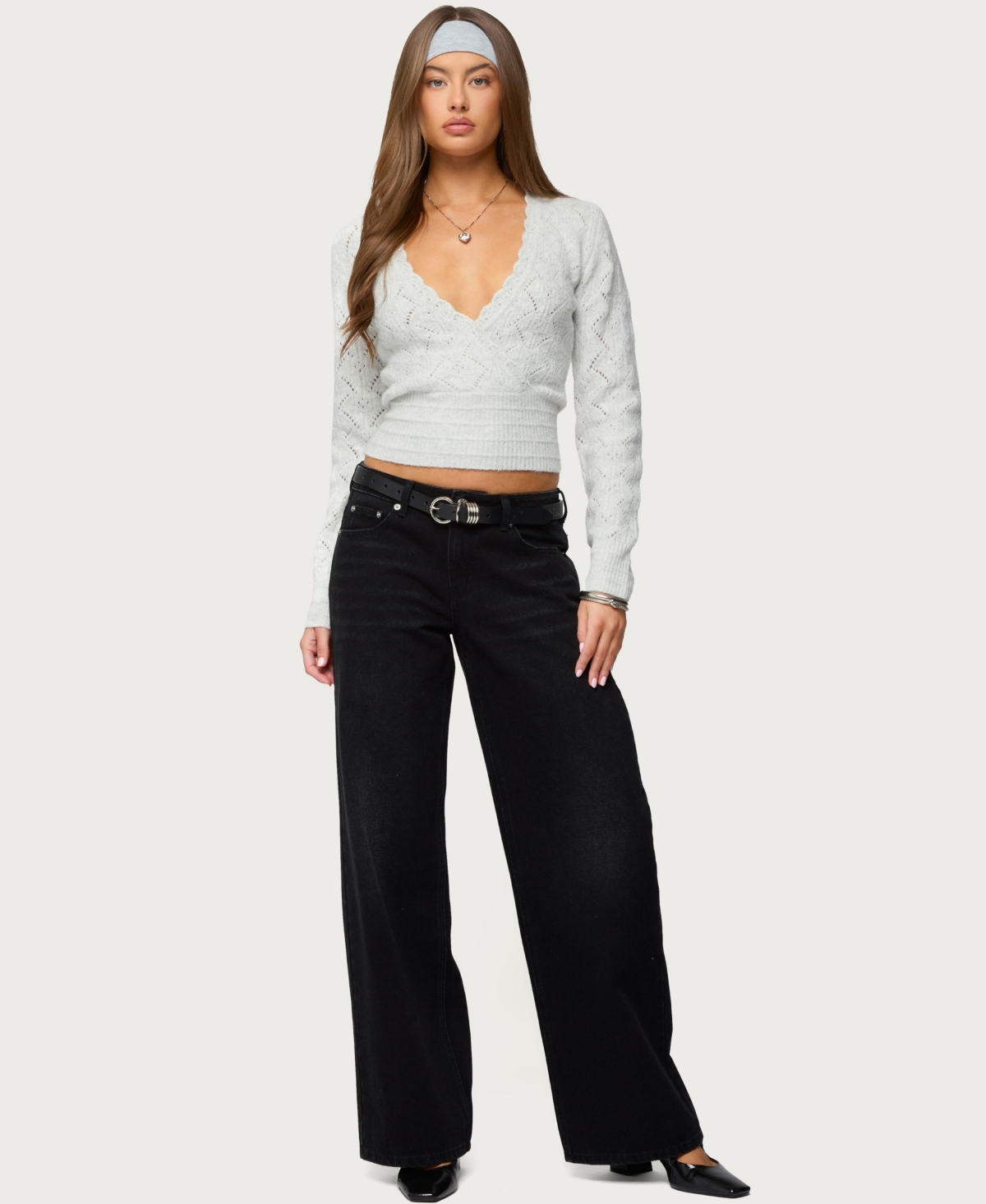 Edikted Women's Janine Pointelle Knit V Neck Top